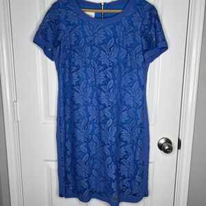Donna Morgan Shift Dress Womens 8 Blue Lace Short Sleeve Party Career Wedding